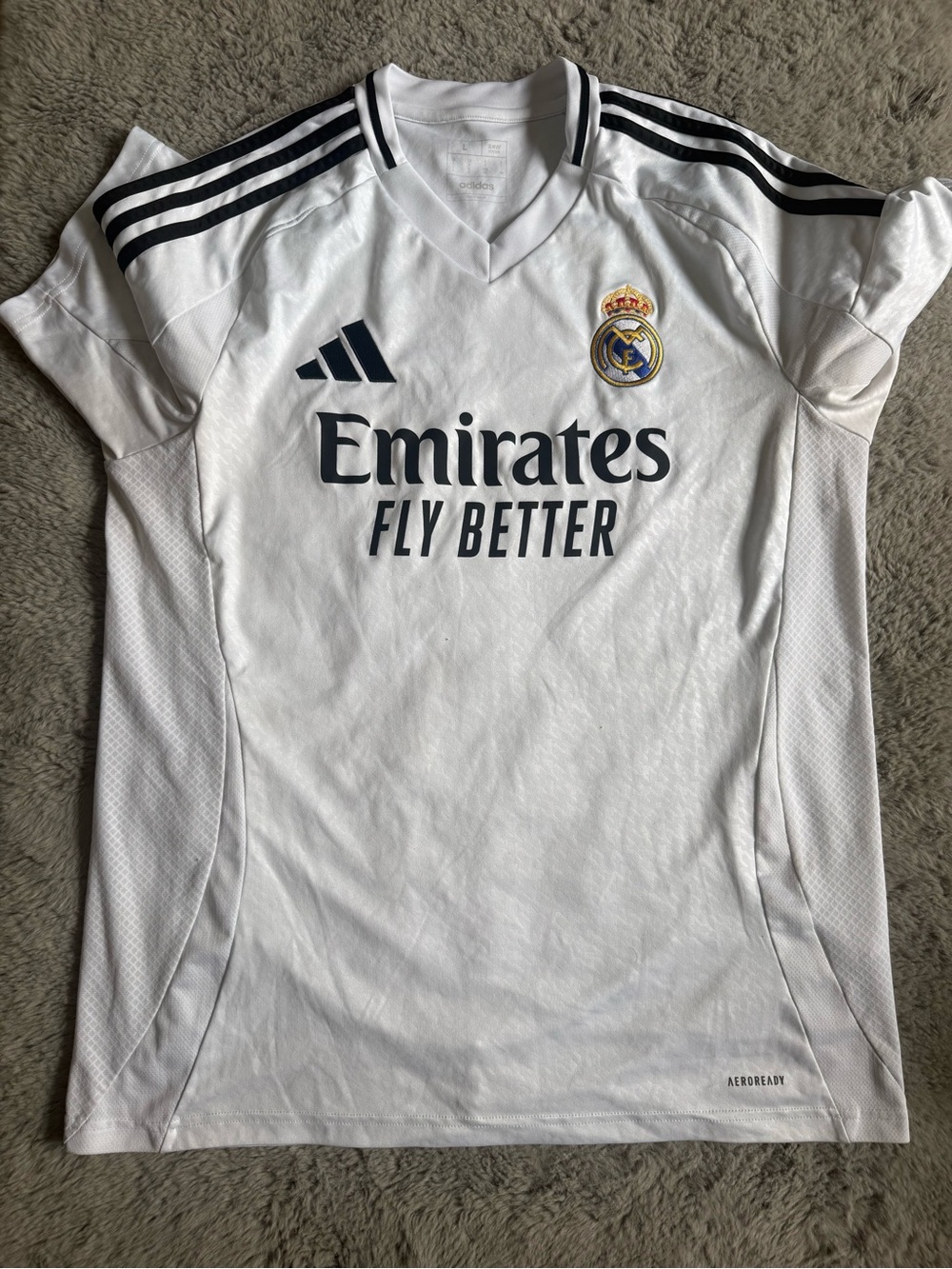 adidas White Real Madrid Emirates 'Fly Better' Jersey with Navy Accents